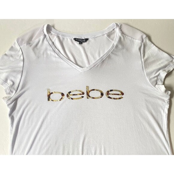 Bebe T Shirt Womens Large White Animal Print Reflective Logo Mesh Shoulders Read - Picture 3 of 15